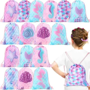Honoson 28 Pieces Mermaid Party Goodie Bags for Kids Mermaid Theme Drawstring Backpack Favor Bags Under The Sea Treat Candy Gift Bags for Girls Mermaid Birthday Party Baby Shower Supplies