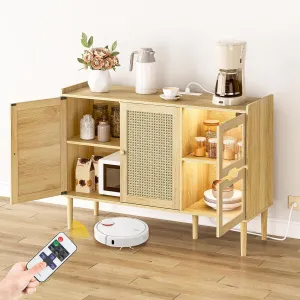 HOOBRO Buffet Cabinet with Power Outlet, 47.2" Kitchen Sideboard Storage Cabinet & LED Light, Rattan Decor Doors, Accent Coffee Bar Console Table for Hallway Entry, Natural NL120UDCB01
