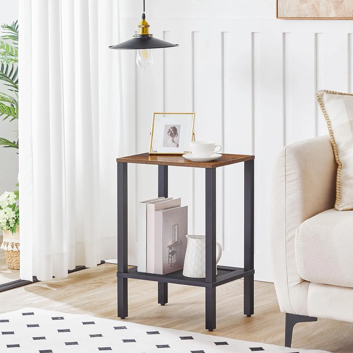 HOOBRO End Table, Small Side Table with 2-Tier Storage Shelves, Nightstand with Faux Rattan Decoration, for Living Room, Bedroom, Rustic Brown and Black BF91BZ01