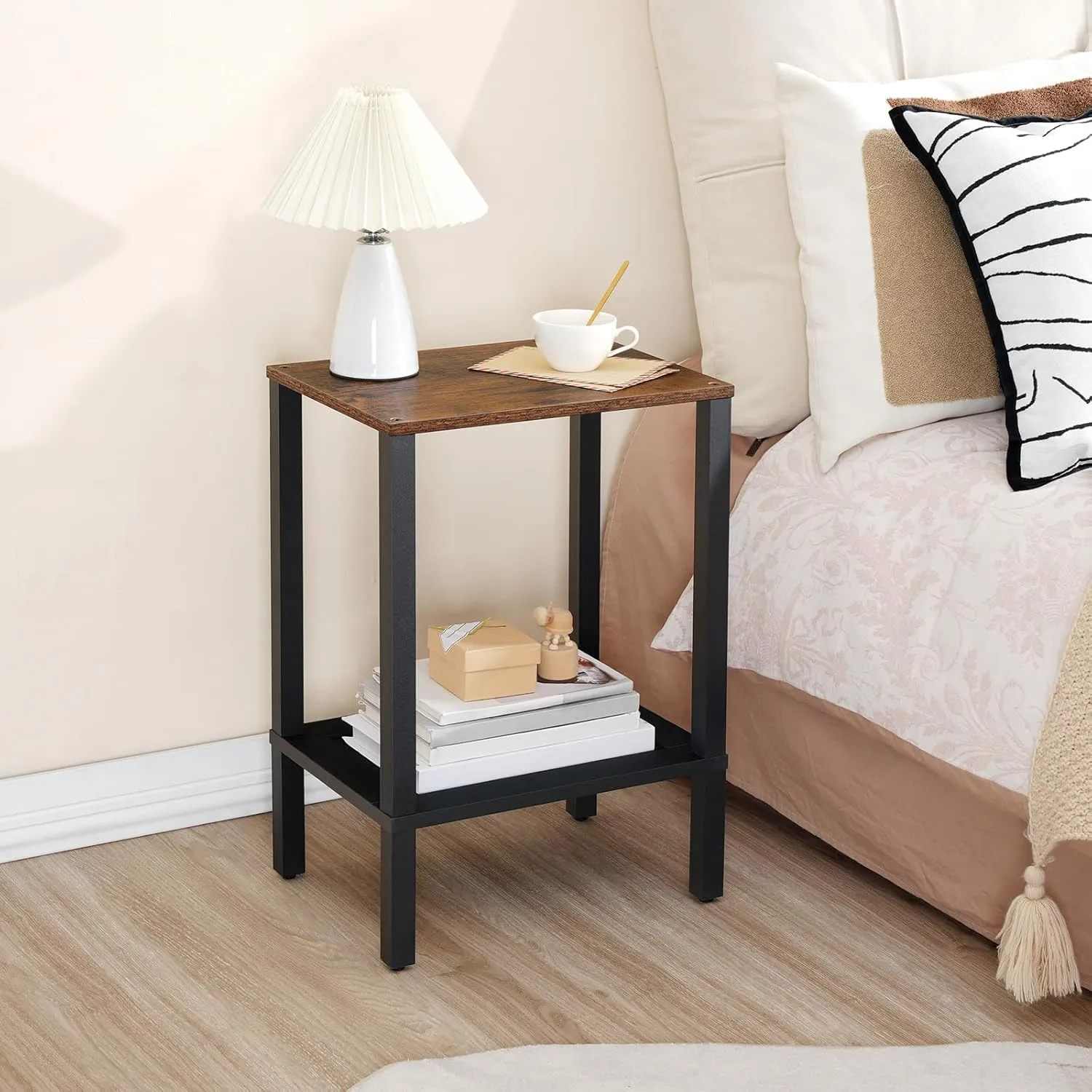 HOOBRO End Table, Small Side Table with 2-Tier Storage Shelves, Nightstand with Faux Rattan Decoration, for Living Room, Bedroom, Rustic Brown and Black BF91BZ01