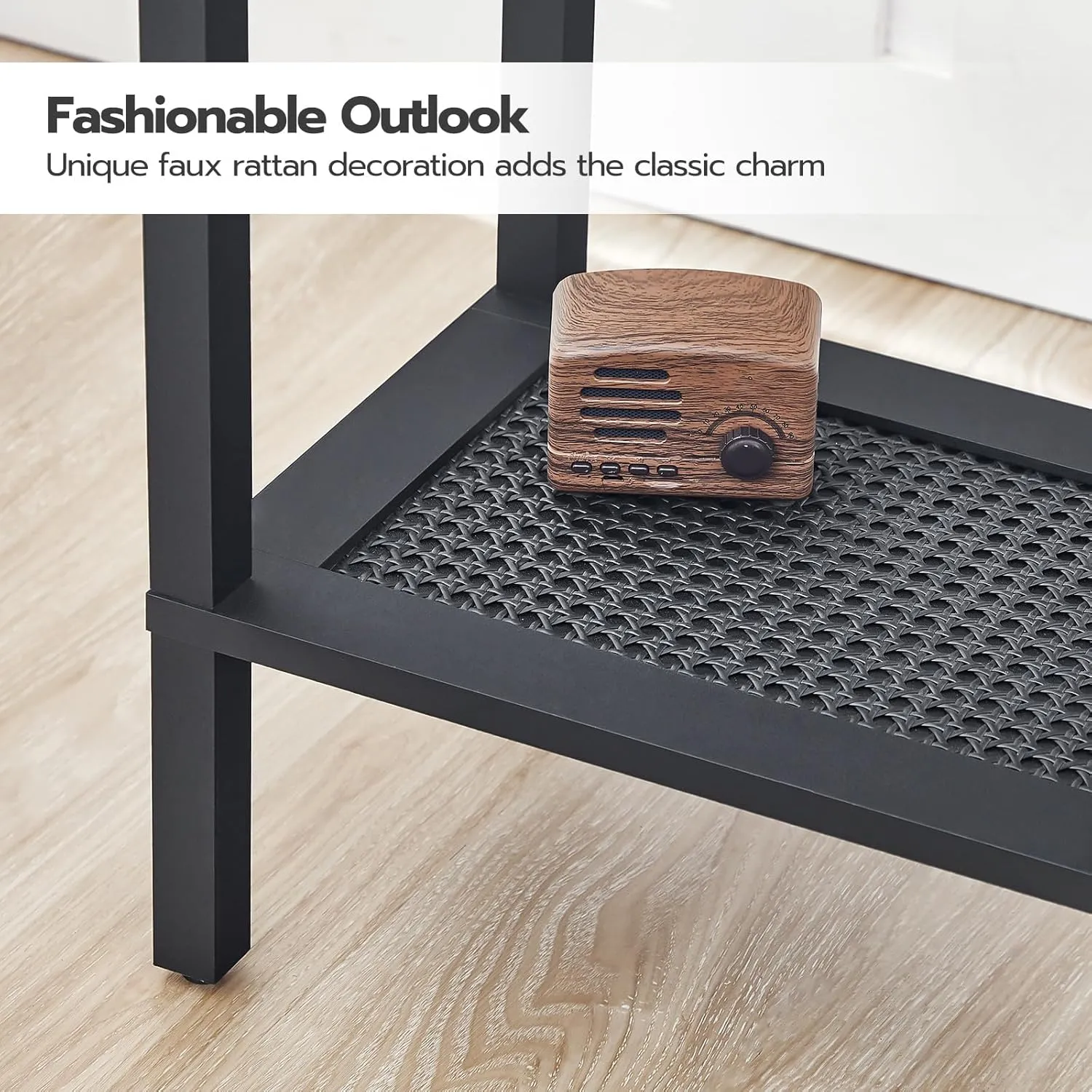HOOBRO End Table, Small Side Table with 2-Tier Storage Shelves, Nightstand with Faux Rattan Decoration, for Living Room, Bedroom, Rustic Brown and Black BF91BZ01