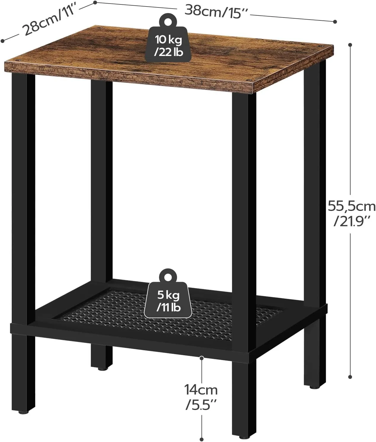 HOOBRO End Table, Small Side Table with 2-Tier Storage Shelves, Nightstand with Faux Rattan Decoration, for Living Room, Bedroom, Rustic Brown and Black BF91BZ01