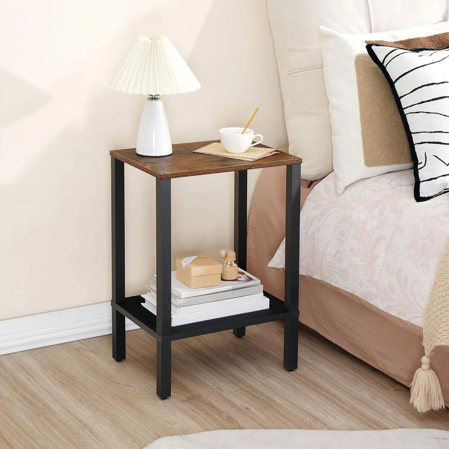 HOOBRO End Table, Small Side Table with 2-Tier Storage Shelves, Nightstand with Faux Rattan Decoration, for Living Room, Bedroom, Rustic Brown and Black BF91BZ01