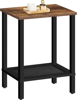 HOOBRO End Table, Small Side Table with 2-Tier Storage Shelves, Nightstand with Faux Rattan Decoration, for Living Room, Bedroom, Rustic Brown and Black BF91BZ01