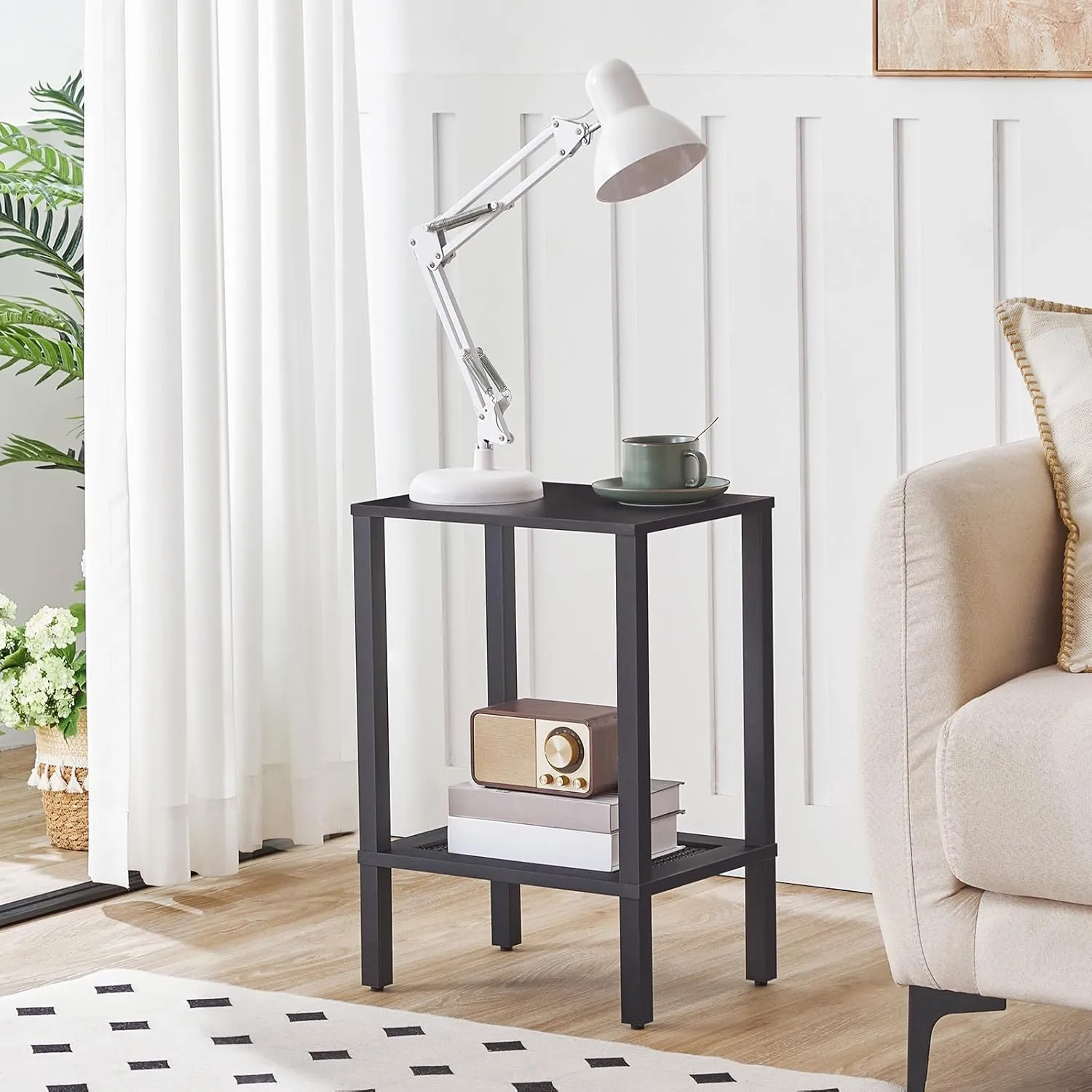 HOOBRO End Table, Small Side Table with 2-Tier Storage Shelves, Nightstand with Faux Rattan Decoration, for Small Space, Living Room, Bedroom, Black BK91BZ01