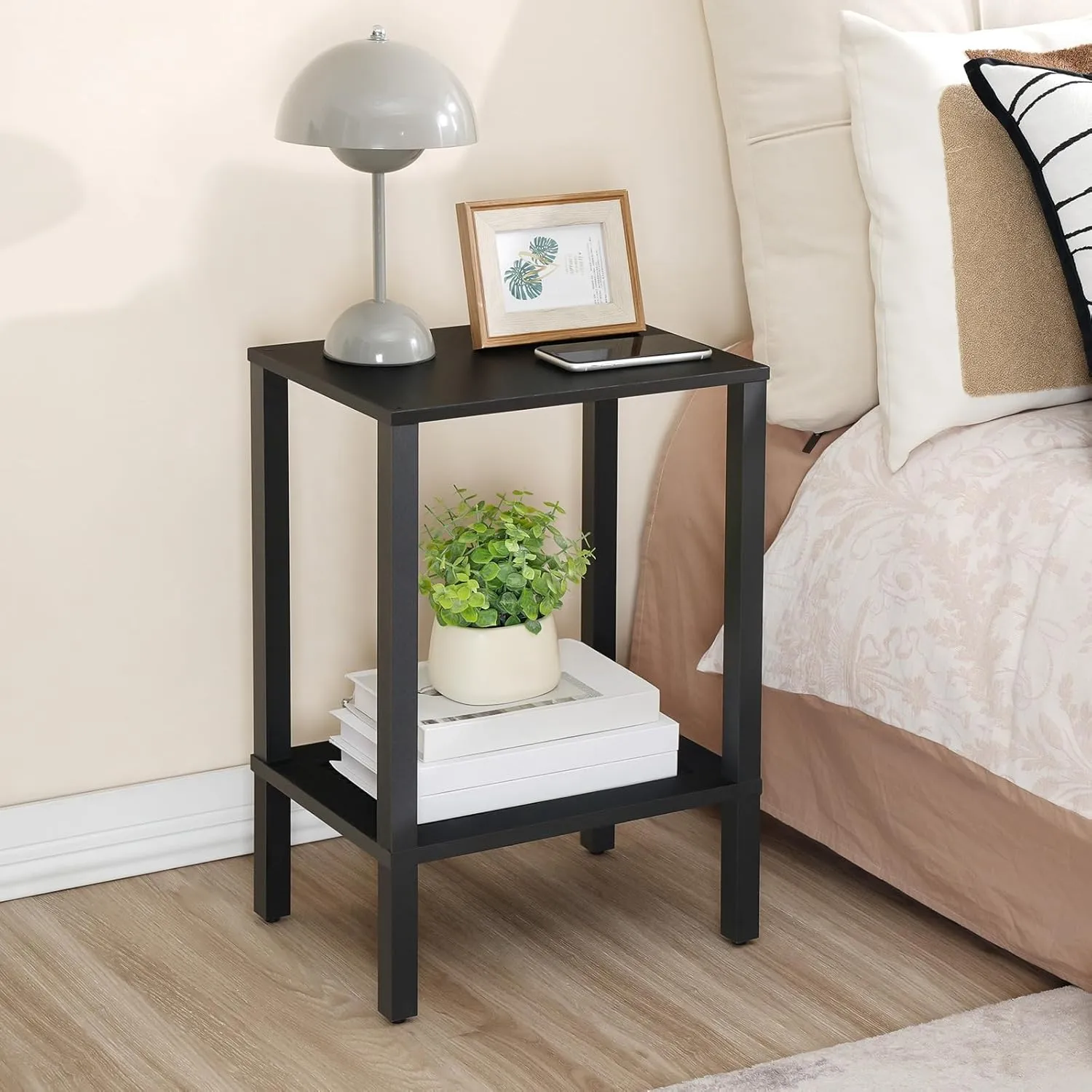 HOOBRO End Table, Small Side Table with 2-Tier Storage Shelves, Nightstand with Faux Rattan Decoration, for Small Space, Living Room, Bedroom, Black BK91BZ01