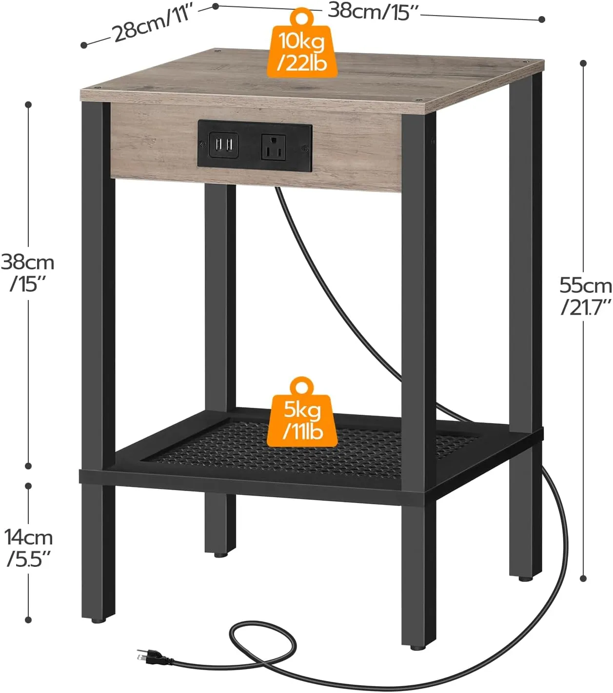 HOOBRO Side Table with Charging Station, End Table with USB Ports and Outlet, Nightstand with Storage Shelf, Faux Rattan Decoration, for Living Room, Bedroom, Greige and Black BG91UBZ01