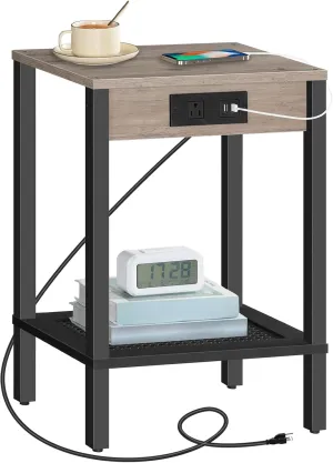 HOOBRO Side Table with Charging Station, End Table with USB Ports and Outlet, Nightstand with Storage Shelf, Faux Rattan Decoration, for Living Room, Bedroom, Greige and Black BG91UBZ01