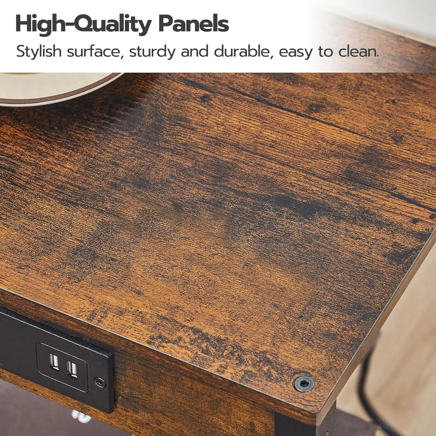 HOOBRO Side Table with Charging Station, End Table with USB Ports and Outlet, Nightstand with Storage Shelf, Faux Rattan Decoration, for Living Room, Bedroom, Rustic Brown and Black BF91UBZ01