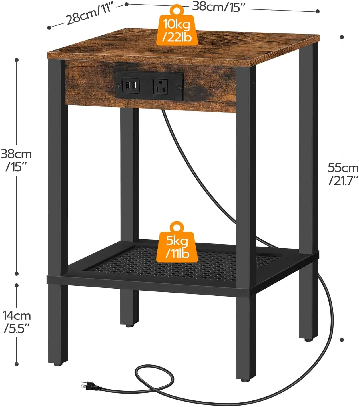 HOOBRO Side Table with Charging Station, End Table with USB Ports and Outlet, Nightstand with Storage Shelf, Faux Rattan Decoration, for Living Room, Bedroom, Rustic Brown and Black BF91UBZ01