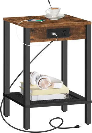 HOOBRO Side Table with Charging Station, End Table with USB Ports and Outlet, Nightstand with Storage Shelf, Faux Rattan Decoration, for Living Room, Bedroom, Rustic Brown and Black BF91UBZ01