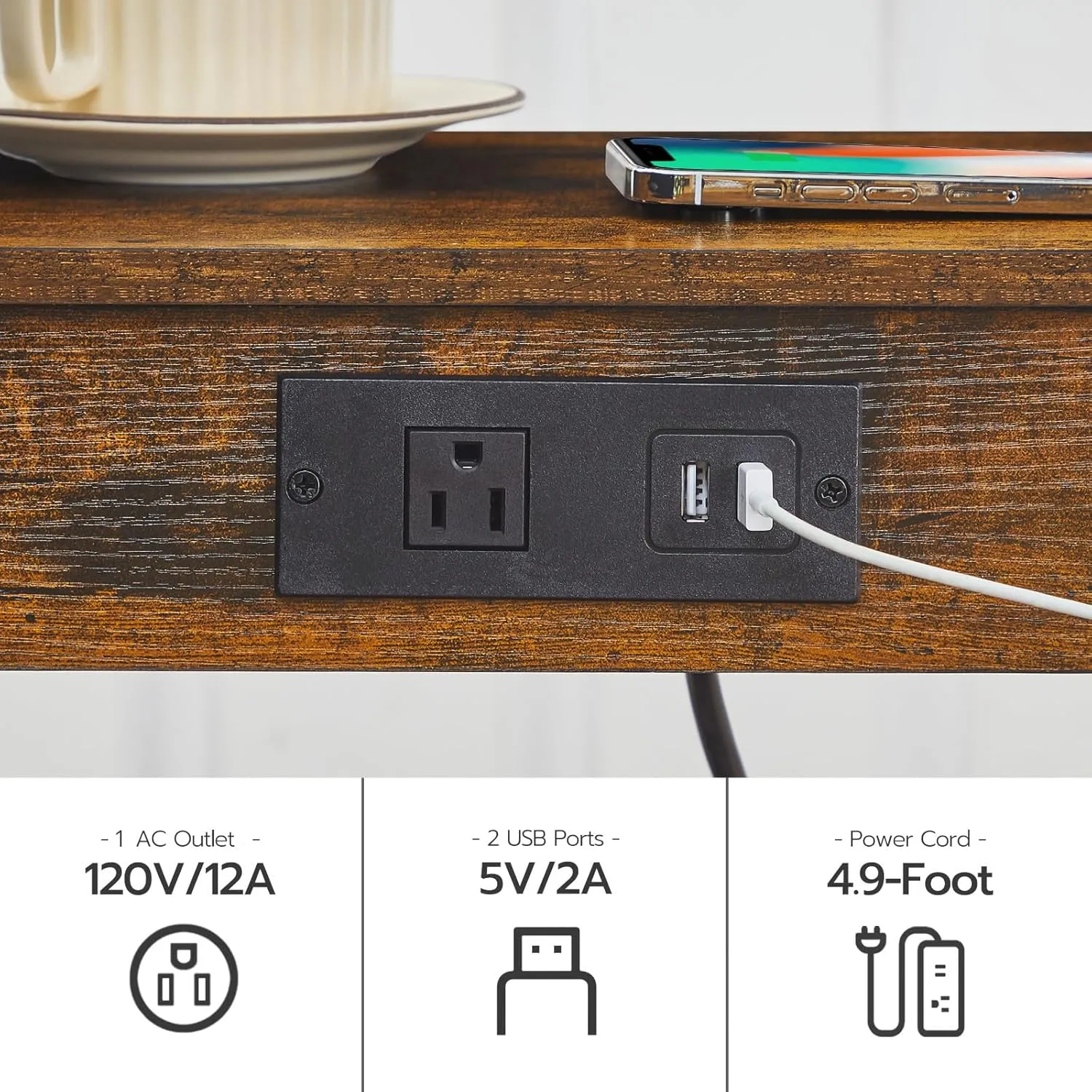 HOOBRO Side Table with Charging Station, End Table with USB Ports and Outlet, Nightstand with Storage Shelf, Faux Rattan Decoration, for Living Room, Bedroom, Rustic Brown and Black BF91UBZ01