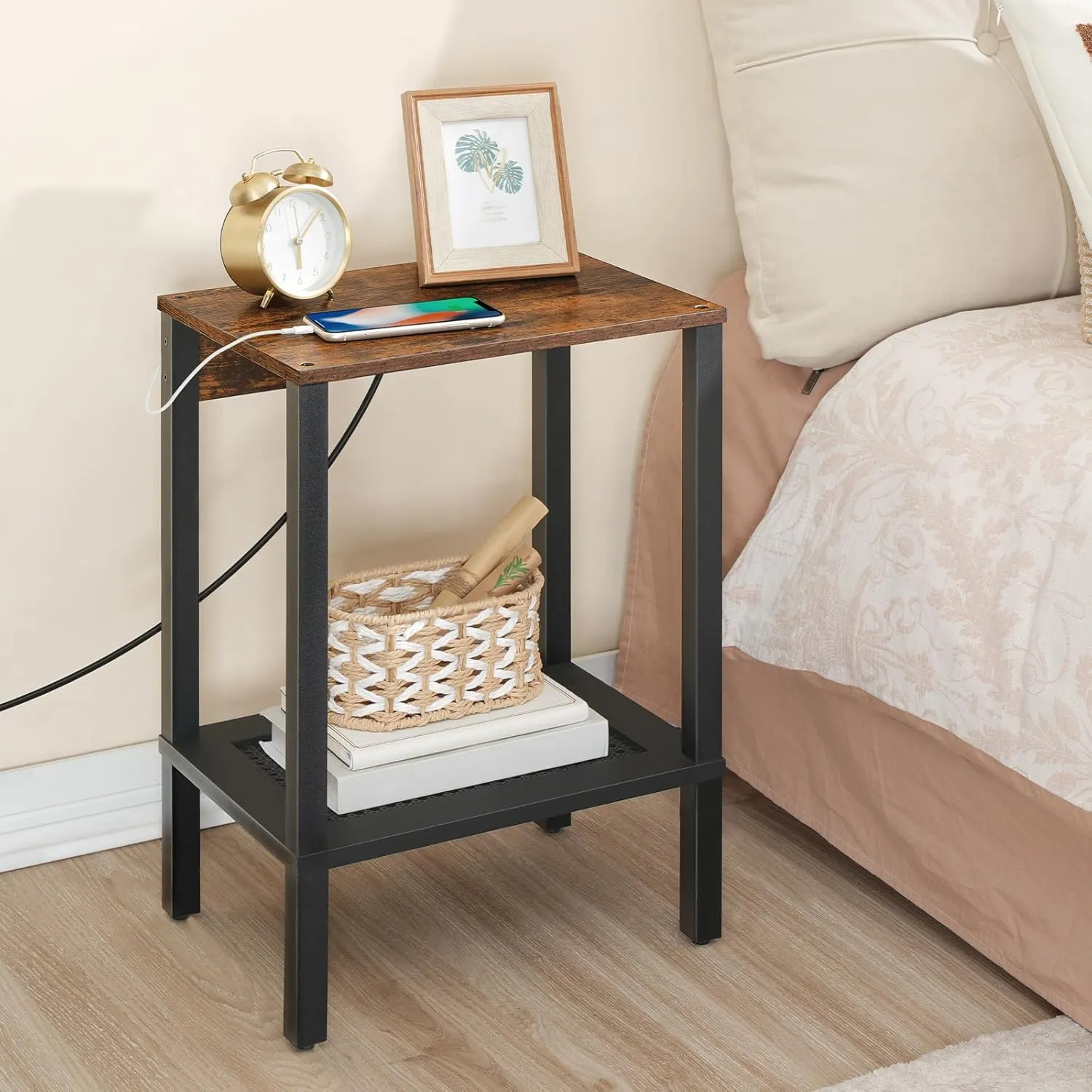 HOOBRO Side Table with Charging Station, End Table with USB Ports and Outlet, Nightstand with Storage Shelf, Faux Rattan Decoration, for Living Room, Bedroom, Rustic Brown and Black BF91UBZ01