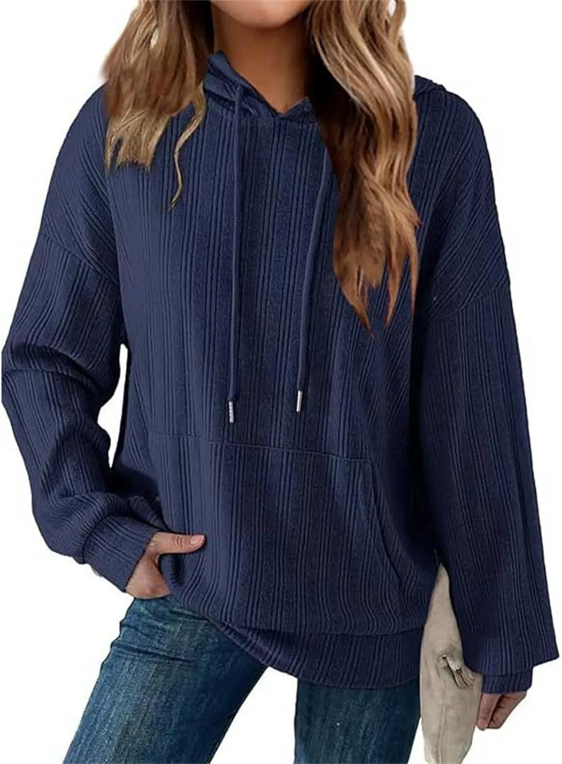 Hoodies Pullover Tops for Women Fashion Drawstring Long Sleeve Sweatshirt with Pockets Casual Solid Color Sweatshirts