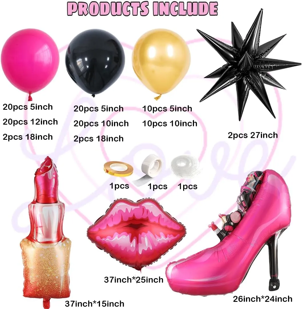 Hot Pink Black Metallic Gold Garland Kit With High Heels, Red Lips, Lipstick Foil Balloons for Princess Themed Birthday Decoration, Makeup Party, Bachelor Party Supplies