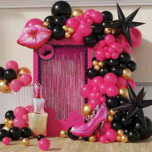 Hot Pink Black Metallic Gold Garland Kit With High Heels, Red Lips, Lipstick Foil Balloons for Princess Themed Birthday Decoration, Makeup Party, Bachelor Party Supplies
