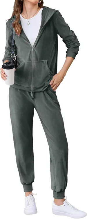 HOTOUCH Womens Casual Velour Tracksuit Set Full Zipper Hoodie Workout Pants Velvet Sweatsuit Jogging Suits XS-XXL