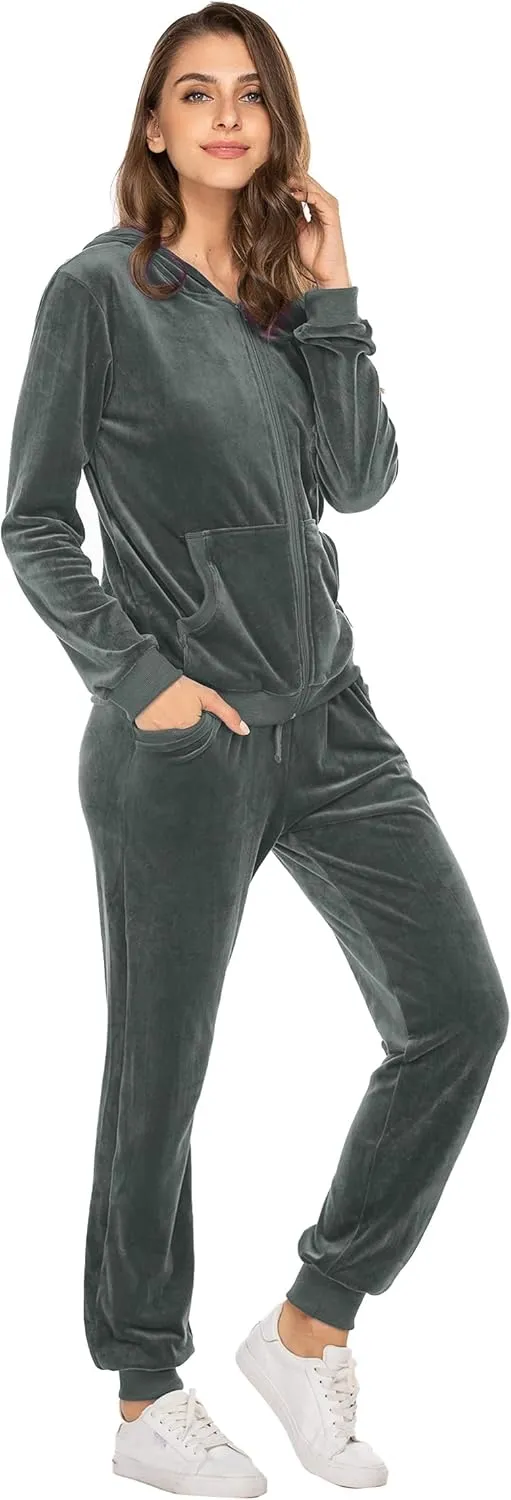HOTOUCH Womens Casual Velour Tracksuit Set Full Zipper Hoodie Workout Pants Velvet Sweatsuit Jogging Suits XS-XXL