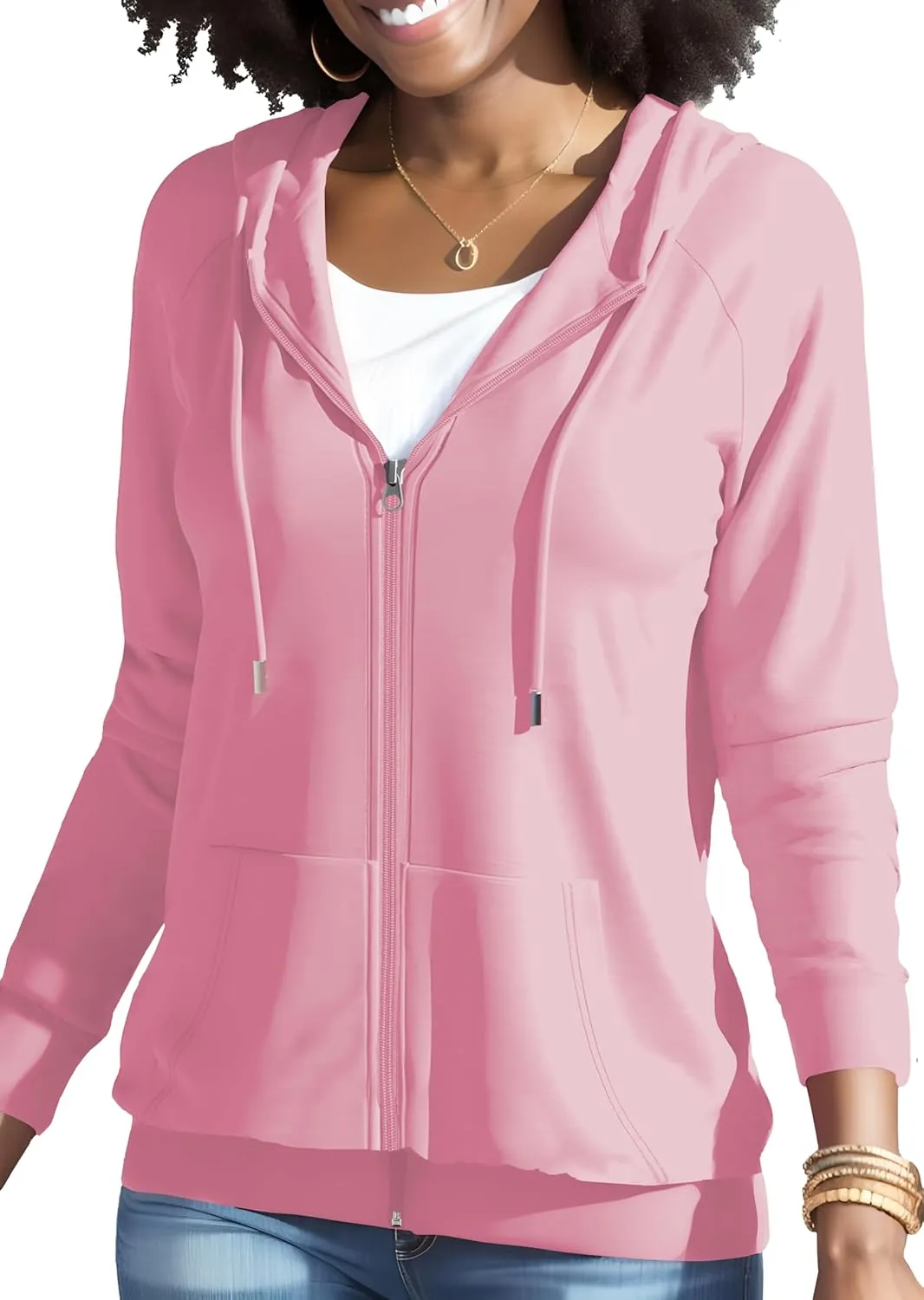 HTD Women Casual Full Zip Up Hoodie Basic Lightweight Long Sleeve Sweatshirt Solid Color Jacket With Pockets