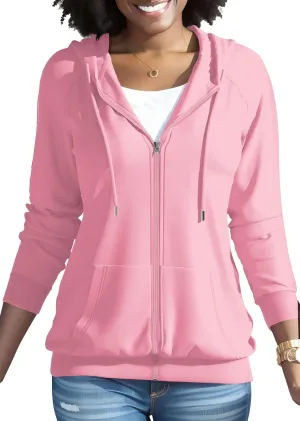 HTD Women Casual Full Zip Up Hoodie Basic Lightweight Long Sleeve Sweatshirt Solid Color Jacket With Pockets