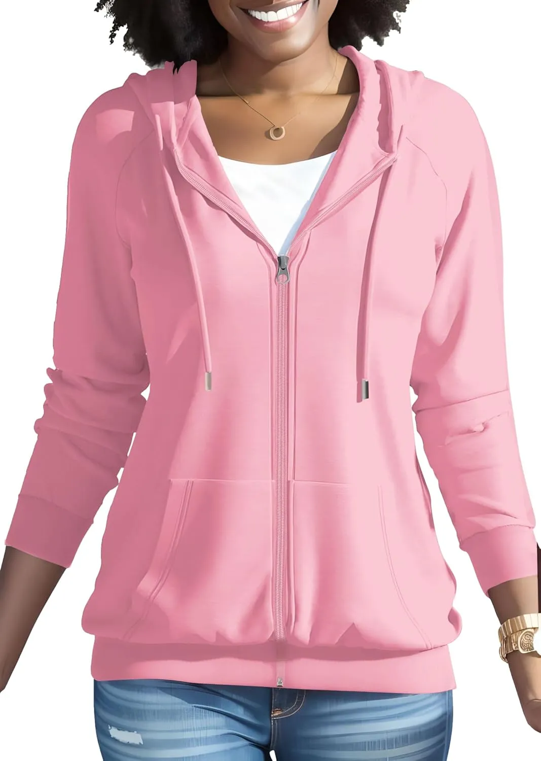 HTD Women Casual Full Zip Up Hoodie Basic Lightweight Long Sleeve Sweatshirt Solid Color Jacket With Pockets