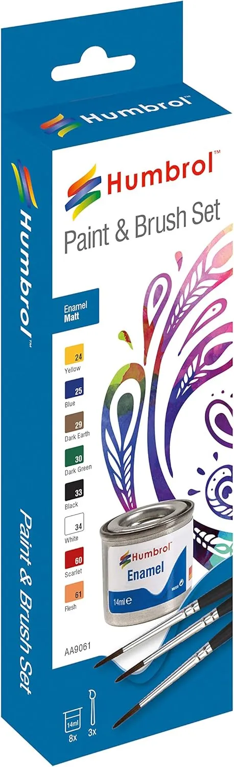 Humbrol AA9061 Enamel Paint and Brush Matt Set - 8 x 14ml 3 x Brush