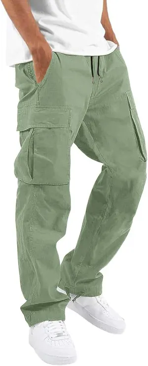 HUNGSON Mens Cargo Pants Drawstring Casual Hiking Pants Joggers Athletic Trousers Cotton Loose Straight Sweatpants for Men