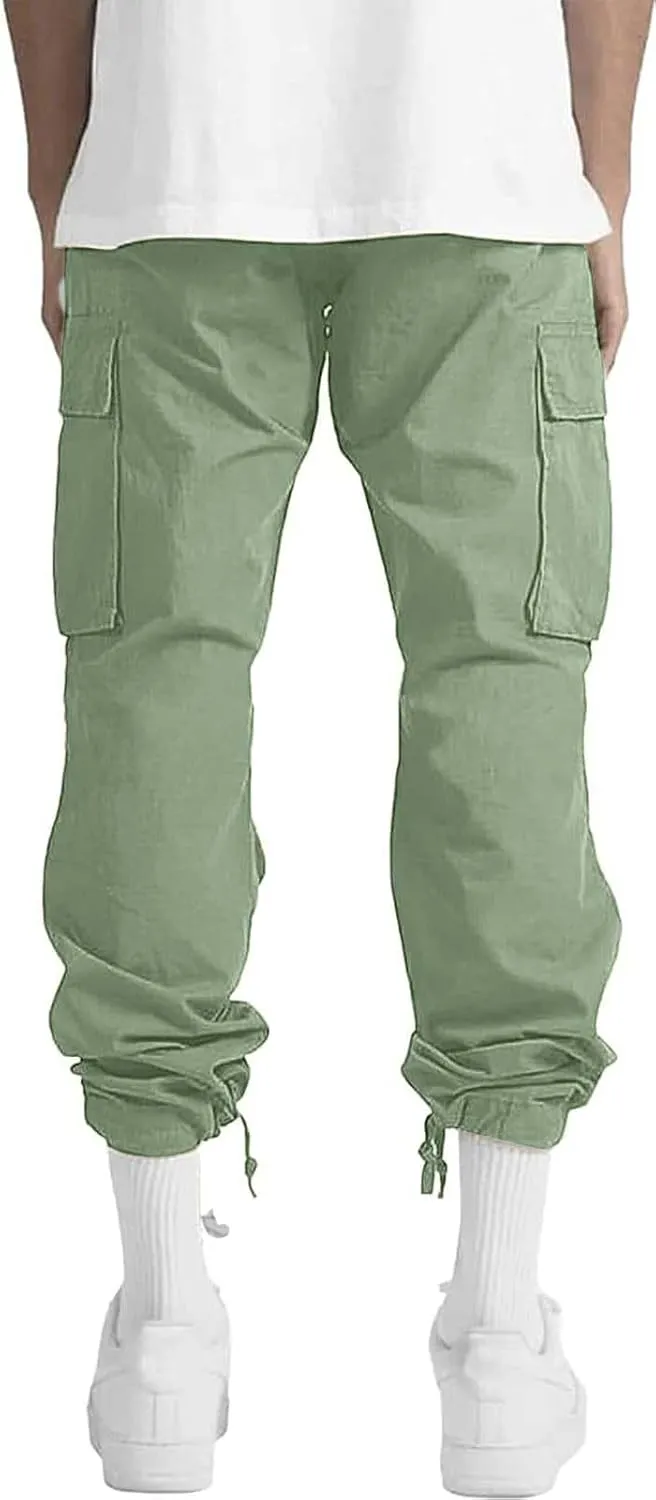 HUNGSON Mens Cargo Pants Drawstring Casual Hiking Pants Joggers Athletic Trousers Cotton Loose Straight Sweatpants for Men