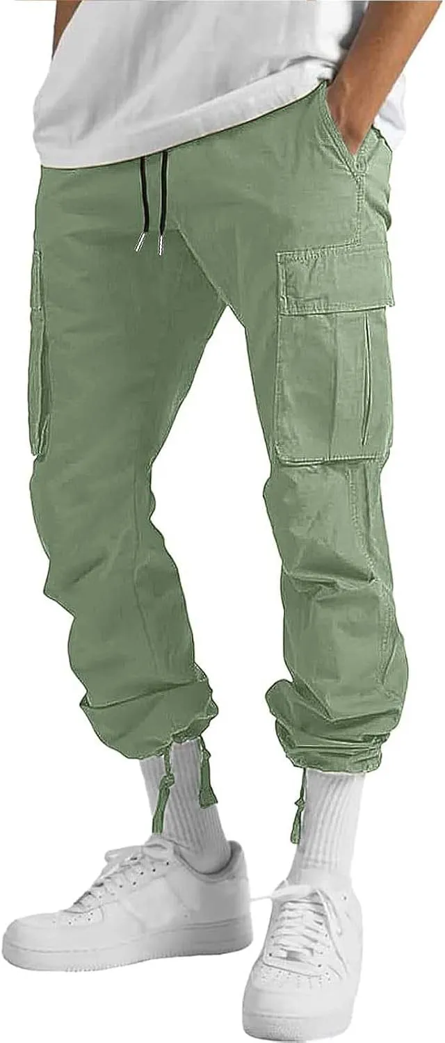 HUNGSON Mens Cargo Pants Drawstring Casual Hiking Pants Joggers Athletic Trousers Cotton Loose Straight Sweatpants for Men