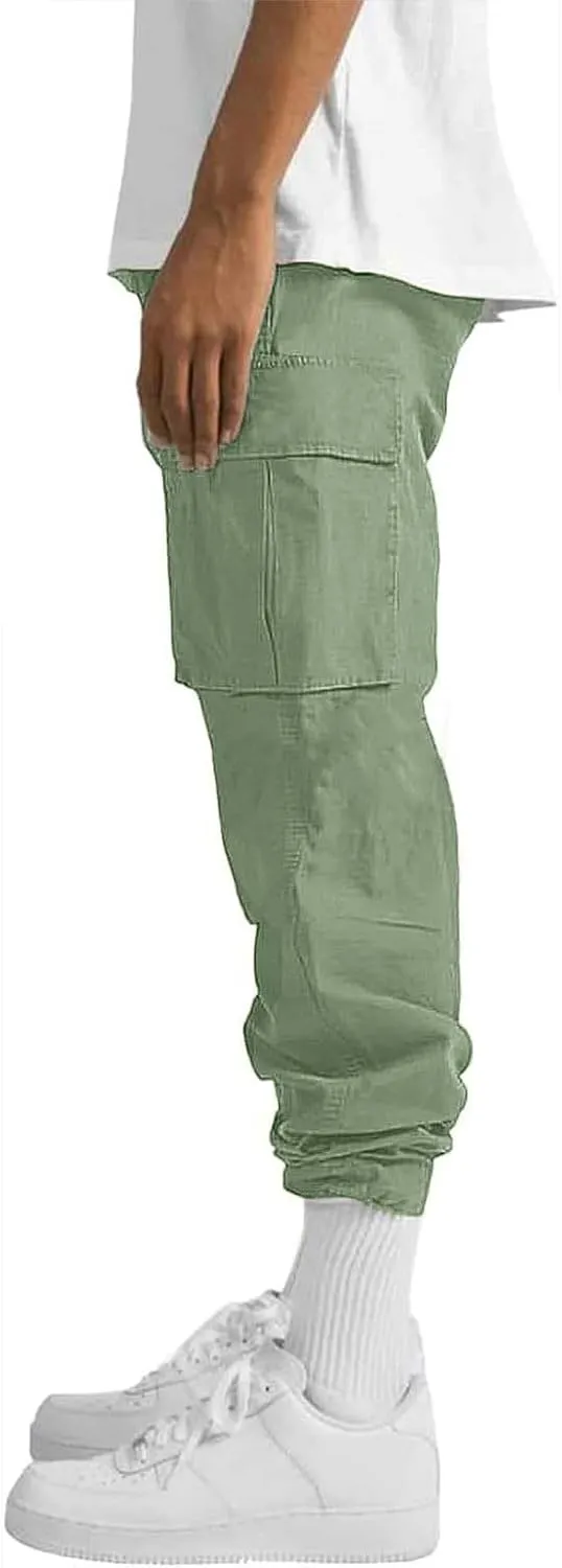 HUNGSON Mens Cargo Pants Drawstring Casual Hiking Pants Joggers Athletic Trousers Cotton Loose Straight Sweatpants for Men