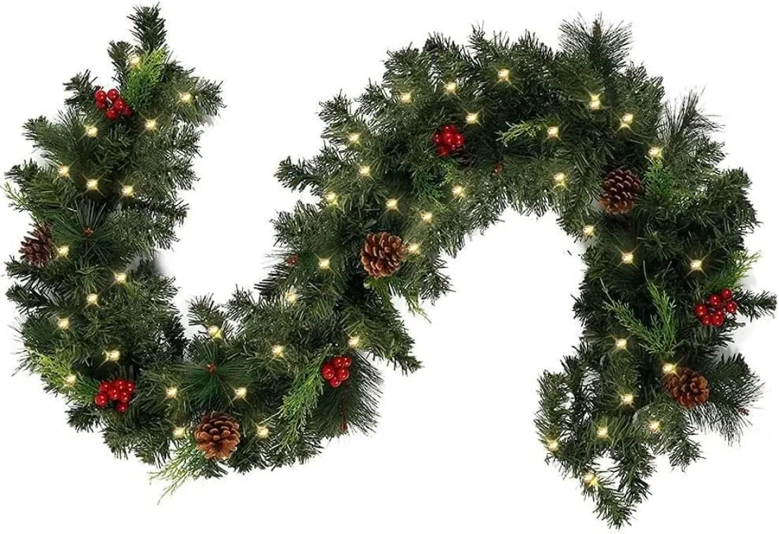 Illuminated Christmas Garland, with Fairy Lights and Pine Berries, Christmas Garland with Lights, Christmas Decoration Garland, for Doors, fireplaces, Stairs, Wall Door/Battery Operated (LED, 1.8)