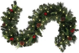 Illuminated Christmas Garland, with Fairy Lights and Pine Berries, Christmas Garland with Lights, Christmas Decoration Garland, for Doors, fireplaces, Stairs, Wall Door/Battery Operated (LED, 1.8)
