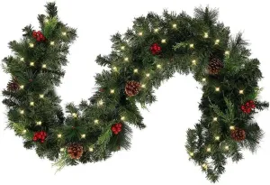 Illuminated Christmas Garland, with Fairy Lights and Pine Berries, fir Garland with Lighting, Christmas Decoration Garland, for fireplaces, Stairs, Wall Door Fireplace/Battery Operated (LED, 1.8)