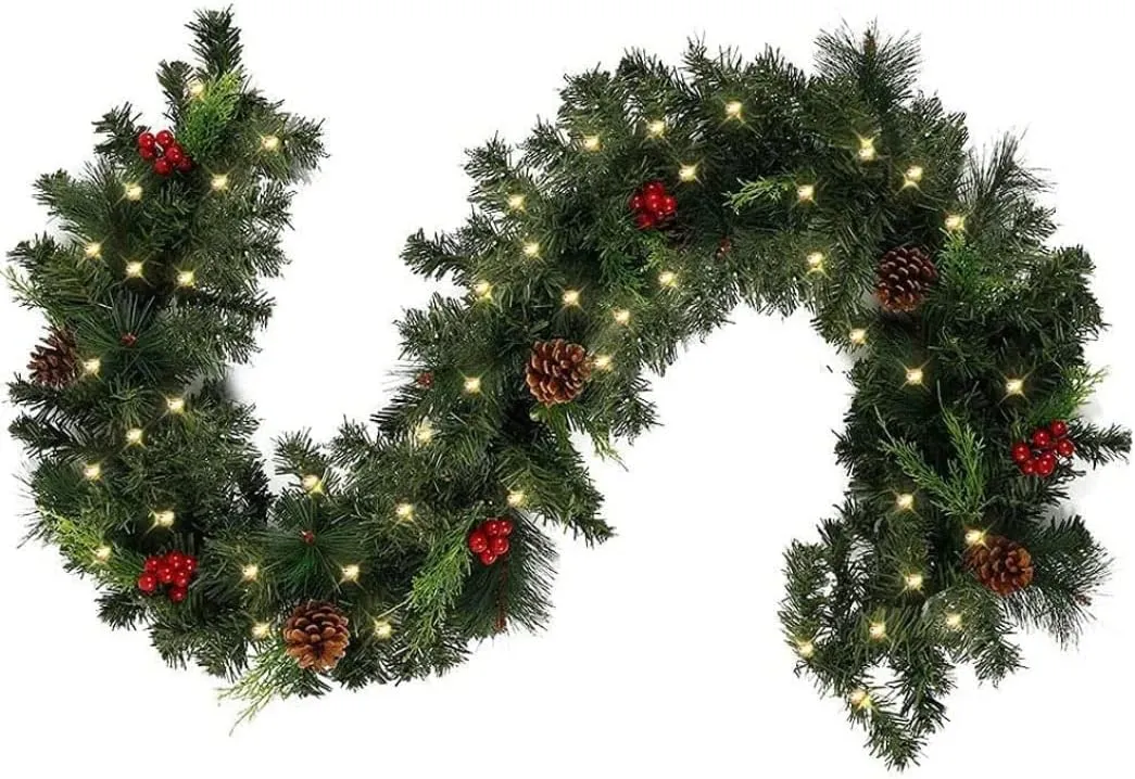 Illuminated Christmas Garland, with Fairy Lights and Pine Berries, fir Garland with Lighting for Doors, fireplaces, Stairs, Wall Door Fireplace/Battery (LED, 1.8)