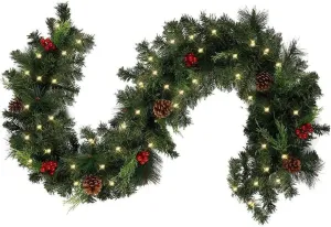Illuminated Christmas Garland, with Fairy Lights and Pine Berries, fir Garland with Lighting for Doors, fireplaces, Stairs, Wall Door Fireplace/Battery (LED, 1.8)