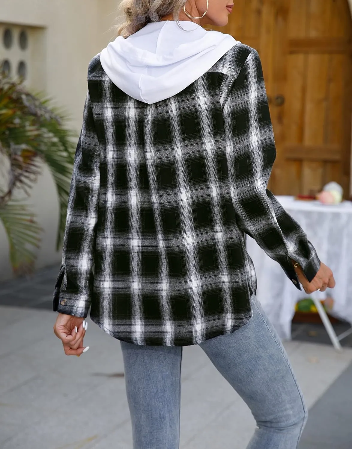 INFITTY Women's Buffalo Plaid Hoodie Long Sleeve Jacket Button Drawstring Casual Fall Shirts with Pocket