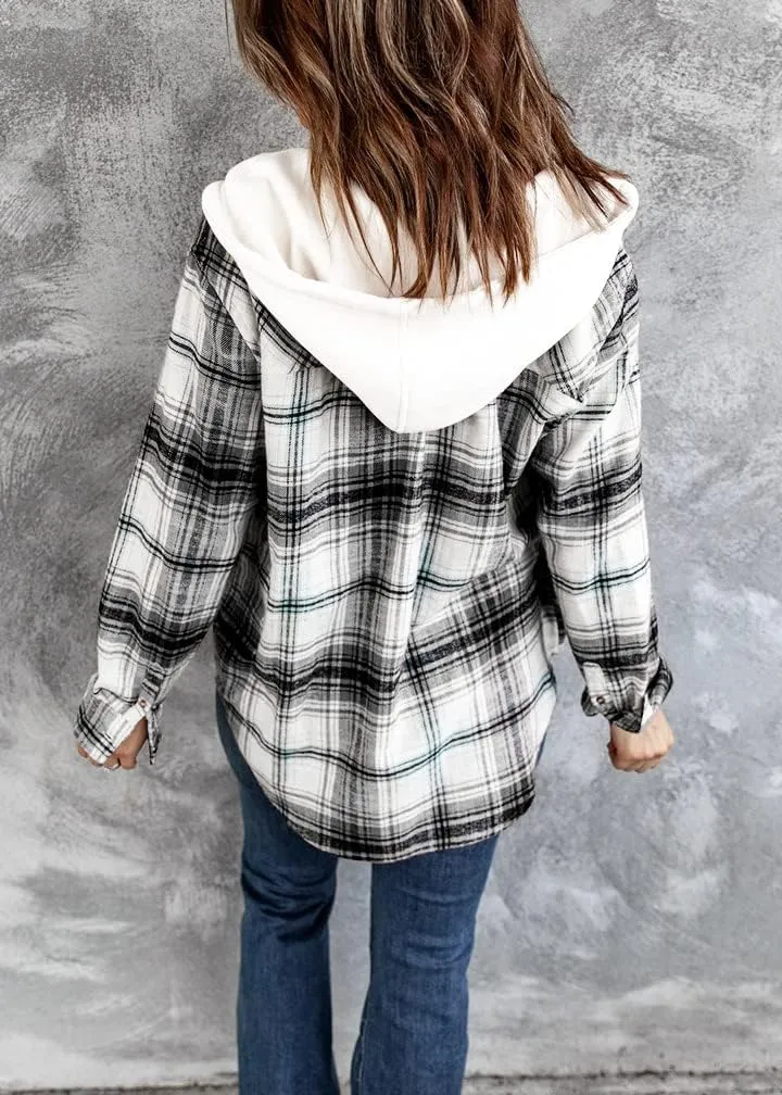INFITTY Women's Buffalo Plaid Hoodie Long Sleeve Jacket Button Drawstring Casual Fall Shirts with Pocket