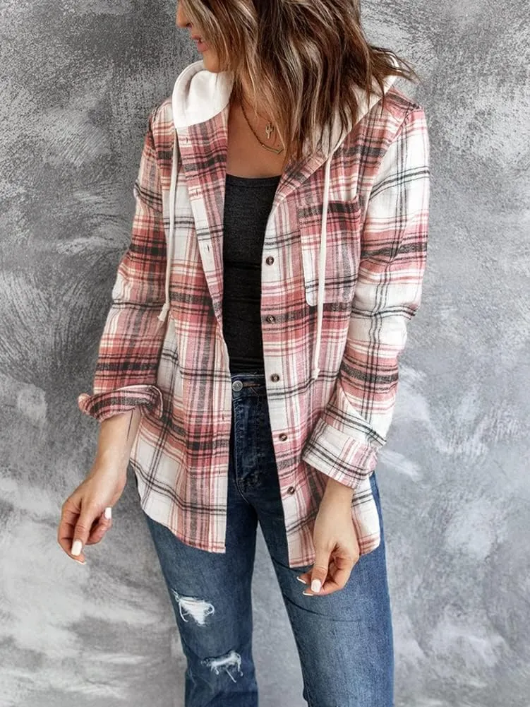 INFITTY Women's Buffalo Plaid Hoodie Long Sleeve Jacket Button Drawstring Casual Fall Shirts with Pocket