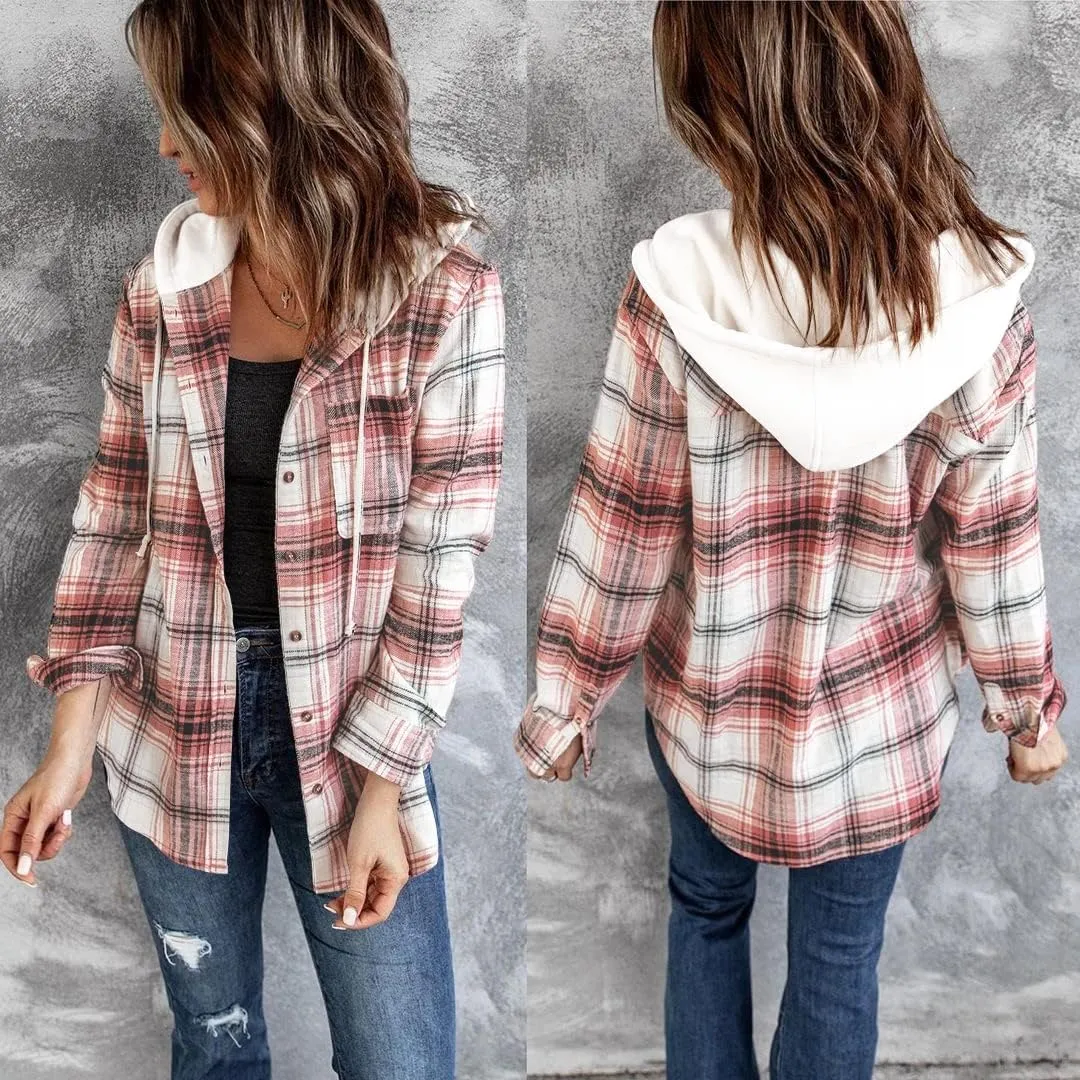 INFITTY Women's Buffalo Plaid Hoodie Long Sleeve Jacket Button Drawstring Casual Fall Shirts with Pocket