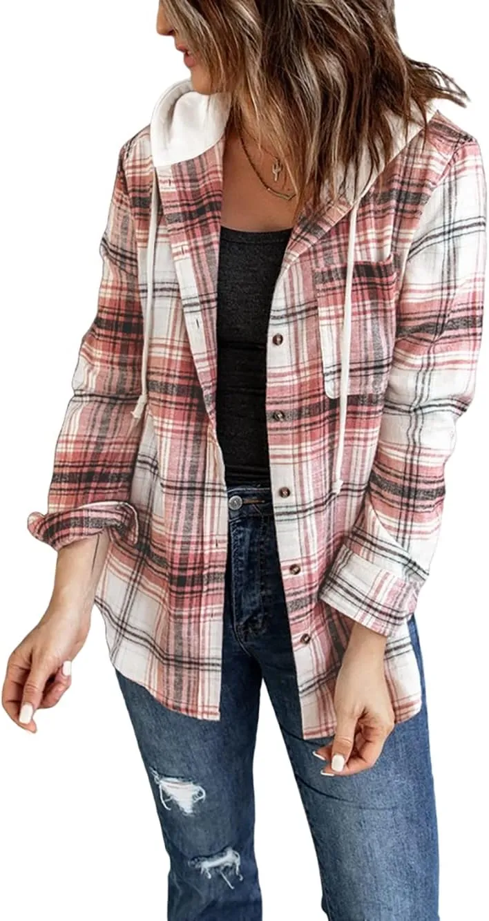 INFITTY Women's Buffalo Plaid Hoodie Long Sleeve Jacket Button Drawstring Casual Fall Shirts with Pocket