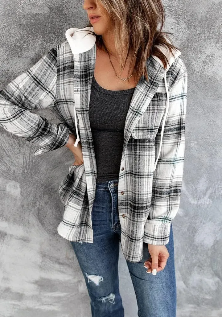 INFITTY Women's Buffalo Plaid Hoodie Long Sleeve Jacket Button Drawstring Casual Fall Shirts with Pocket