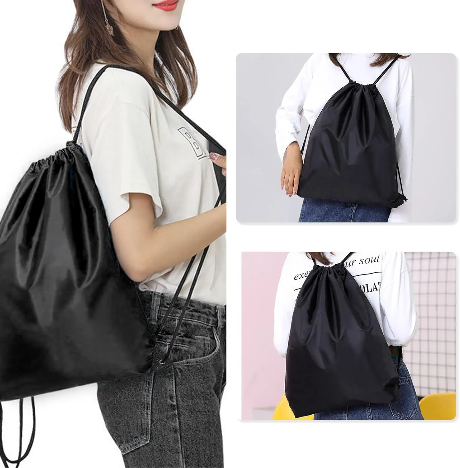 INVODA Drawstring Backpack Bulk String Backpack Drawstring Bags Sport Gym Cinch Bag Sackpack for Women Men (Black 12PCS)