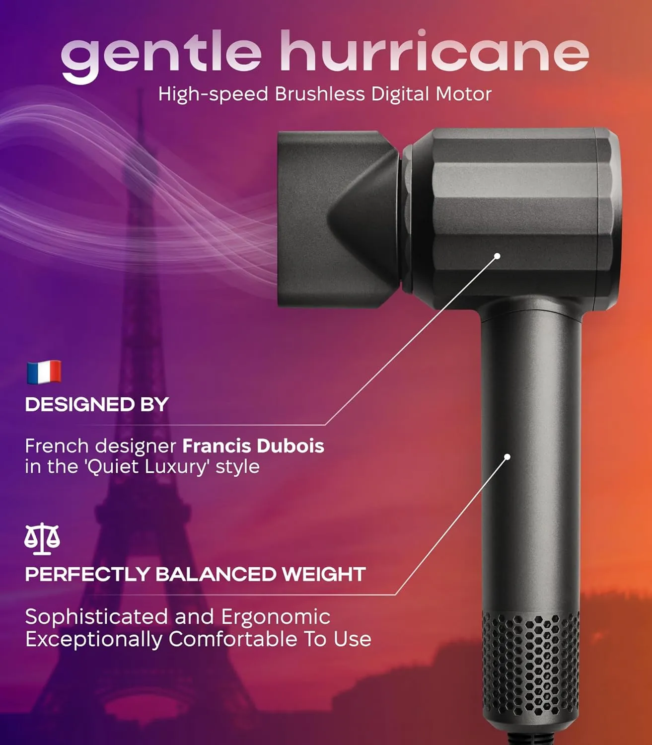 Ionic Hair Dryer Premium Quality, High-Speed Professional Brushless Motor 110,000 RPM, 1600W Power, 9 ft Long Cord and Magnetic Nozzle, Lightweight Blow Dryer, Quiet Fast Drying for Women & Men (Gray)