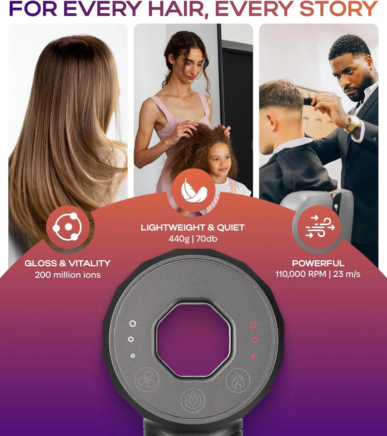 Ionic Hair Dryer Premium Quality, High-Speed Professional Brushless Motor 110,000 RPM, 1600W Power, 9 ft Long Cord and Magnetic Nozzle, Lightweight Blow Dryer, Quiet Fast Drying for Women & Men (Gray)