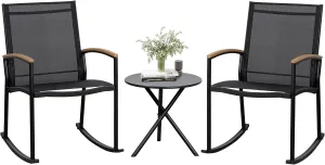 JAMFLY 3 Pieces Patio Set Outdoor Patio Furniture Sets, Modern Rocking Bistro Set Textilene Chair Conversation Sets with Detachable Pedal and Coffee Table (Black)