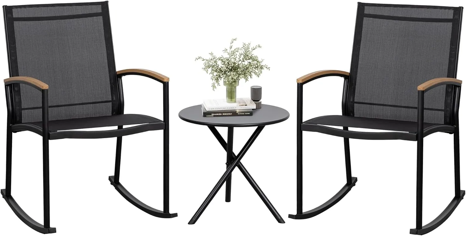 JAMFLY 3 Pieces Patio Set Outdoor Patio Furniture Sets, Modern Rocking Bistro Set Textilene Chair Conversation Sets with Detachable Pedal and Coffee Table (Black)