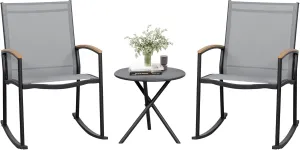 JAMFLY 3 Pieces Patio Set Outdoor Patio Furniture Sets, Modern Rocking Bistro Set Textilene Chair Conversation Sets with Detachable Pedal and Coffee Table (Light Gray)