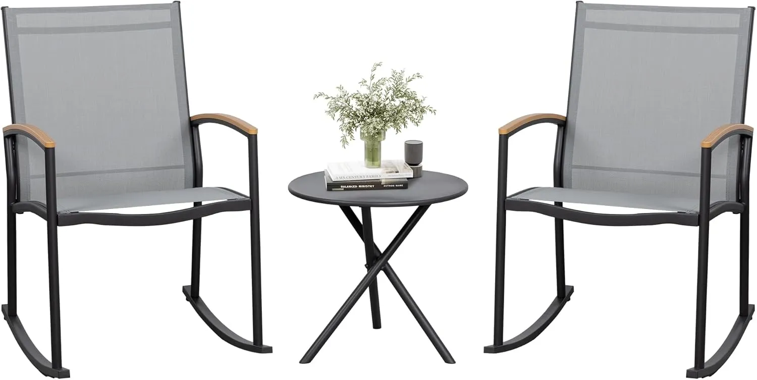 JAMFLY 3 Pieces Patio Set Outdoor Patio Furniture Sets, Modern Rocking Bistro Set Textilene Chair Conversation Sets with Detachable Pedal and Coffee Table (Light Gray)