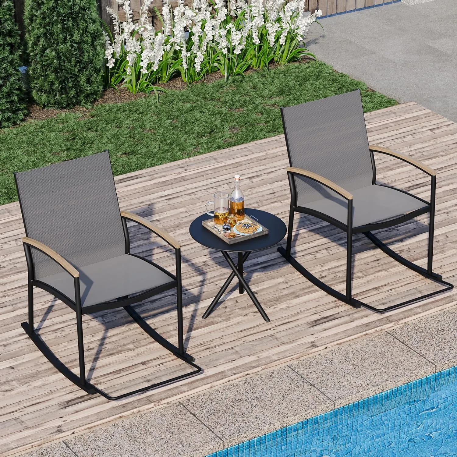 JAMFLY 3 Pieces Patio Set Outdoor Patio Furniture Sets, Modern Rocking Bistro Set Textilene Chair Conversation Sets with Detachable Pedal and Coffee Table (Light Gray)