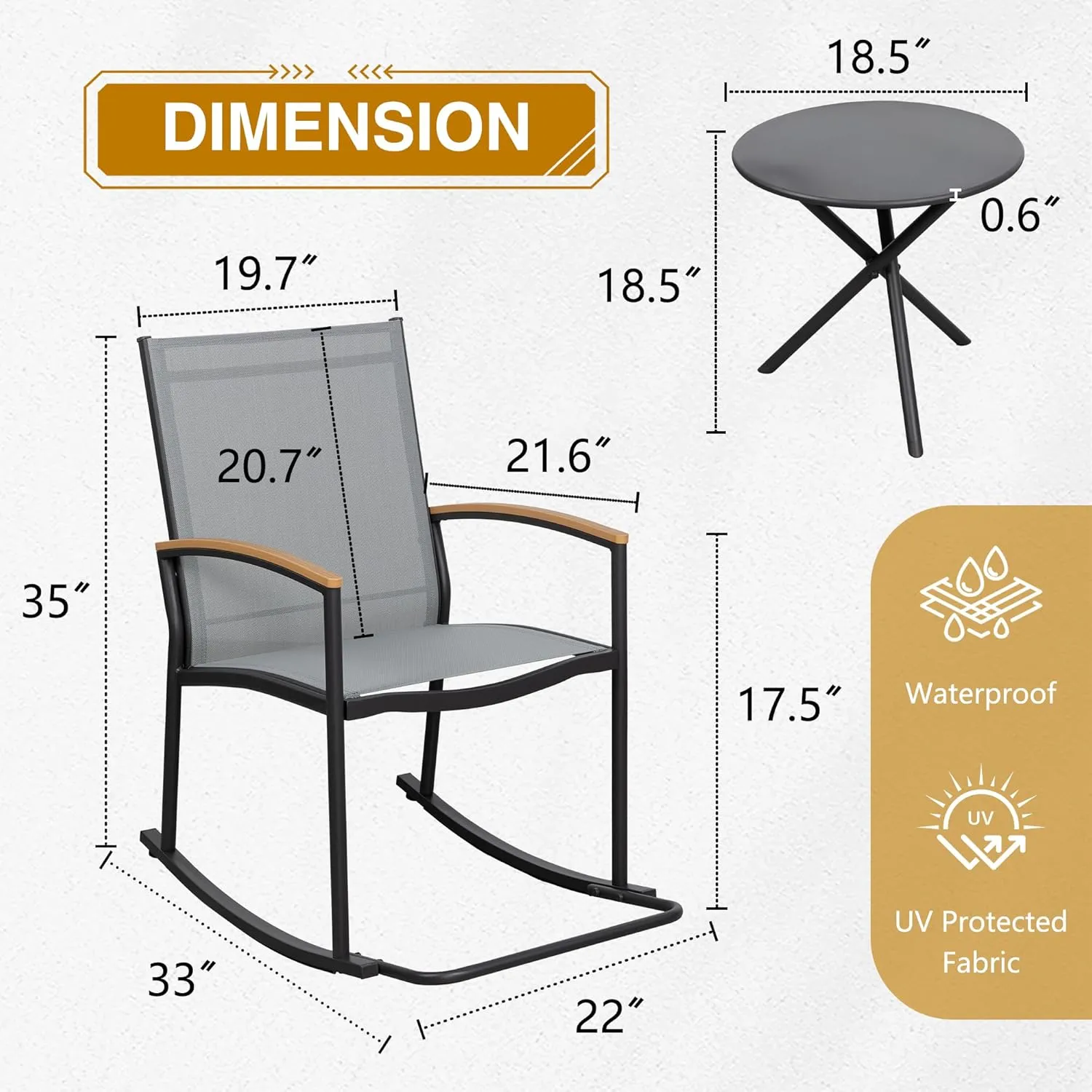 JAMFLY 3 Pieces Patio Set Outdoor Patio Furniture Sets, Modern Rocking Bistro Set Textilene Chair Conversation Sets with Detachable Pedal and Coffee Table (Light Gray)